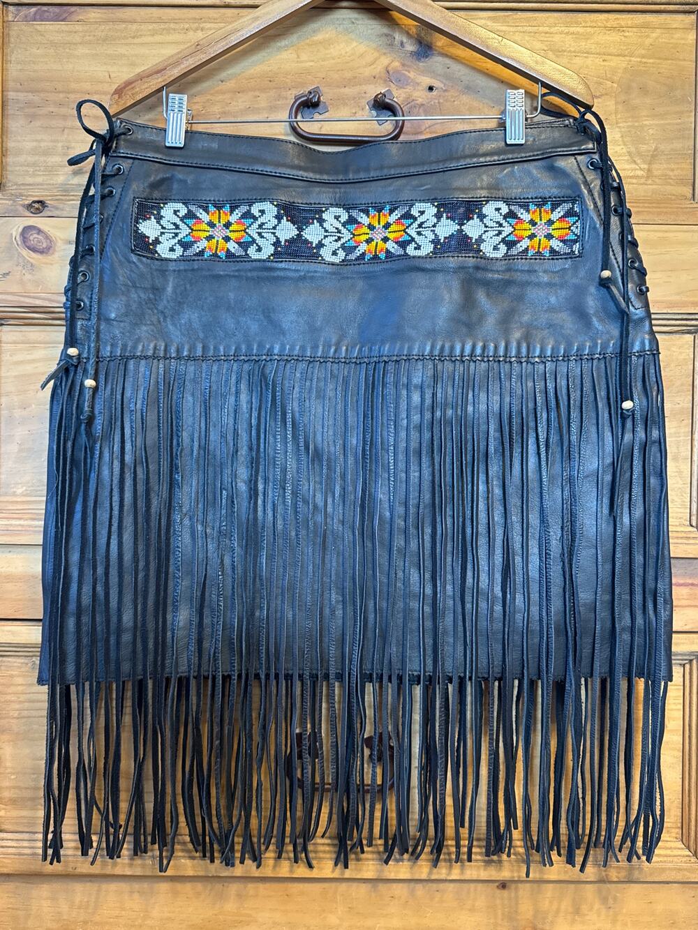 Kobler Lacota Skirt Black Leather Beaded Southwest Aztec Fringe XL